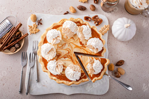 Preview: Pumpkin cheesecake swirl pie topped with whipped cream