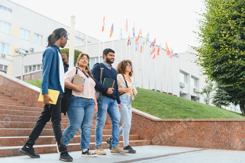 Preview: Multicultural student group walking on university campus