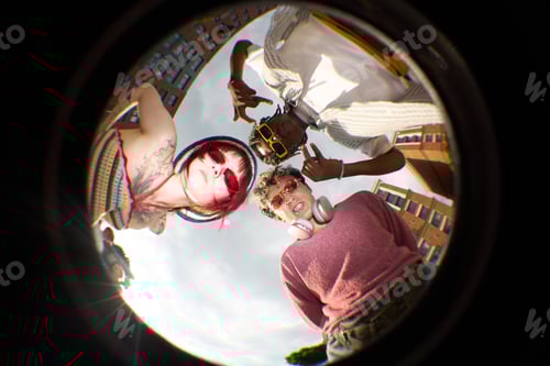 Preview: Diverse Young Friends Posing Playfully Outdoors and Looking down at Camera