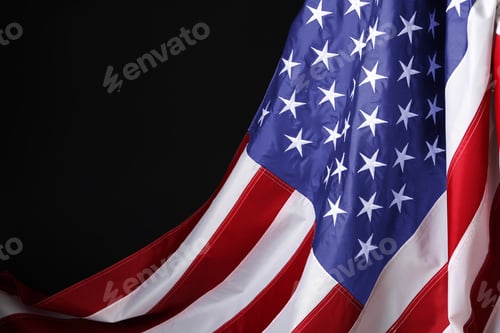 Preview: National flag of America on black background, space for text. Memorial day celebration