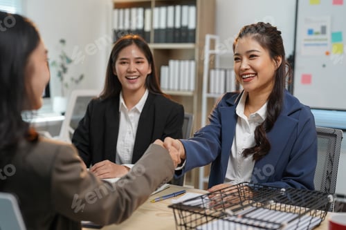 Preview: Happy businesswomen shaking hands after successfully closing a deal during a meeting in the office,