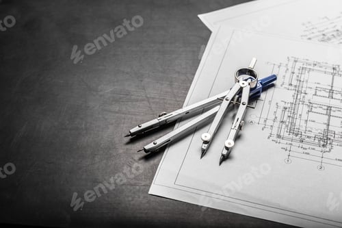 Preview: Construction planning drawings on black background