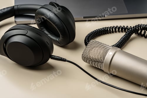 Preview: Headphones and microphone on the table close up