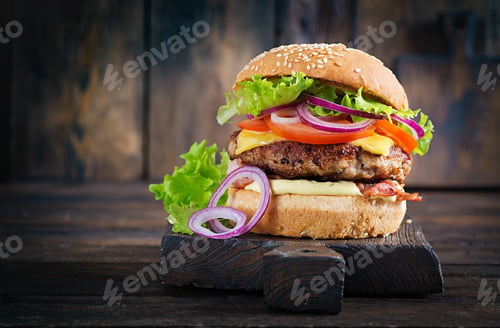 Preview: Hamburger with bacon, turkey burger meat, cheese, tomato and lettuce