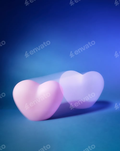Preview: Abstract photography of two pink hearts in attraction motion on gradient light blue neon background.