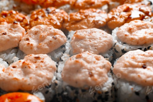 Preview: Set of hot baked roll yaki maki, macro. Close-up Japanese traditional cuisine, sea food