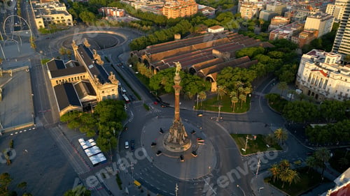 Preview: Aerial view of Columbus monument at sunrise in Barcelona, Catalonia, Spain
