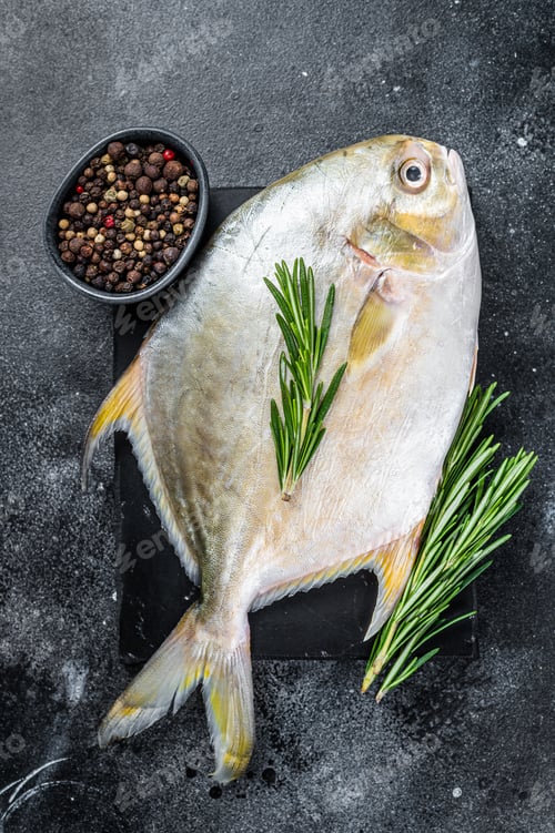 Preview: Raw fish pompano with herbs on a marble board. Black background. Top view