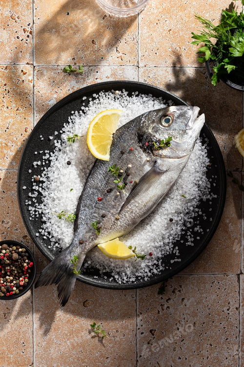 Preview: Raw fish on a sea salt before cooking