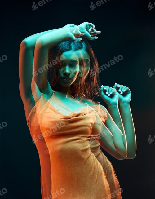 Preview: Green light, dancing and Indian woman with beauty, glowing skin and luxury brand aesthetic. Creativ