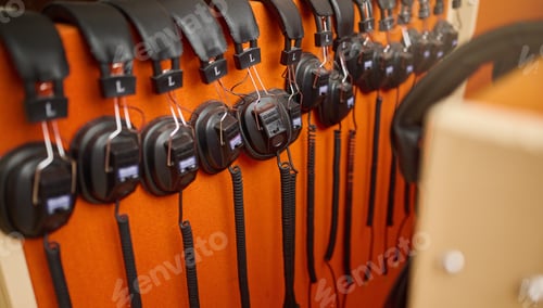 Preview: Radio, music and headphones hanging on a wall for a dj, podcast or audio production in the studio.