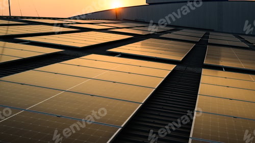 Preview: Blue photovoltaic solar panels on rooftop with sunset at solar cell farm
