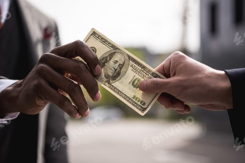 Preview: anonymous businessmen hands holding one hundred dollars banknote outdoors