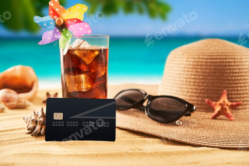 Preview: Credit card with straw hat, sunglasses and cocktail on sea background
