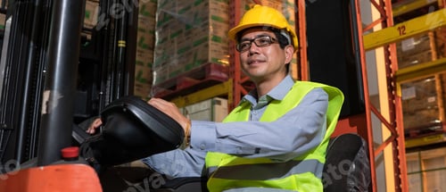Preview: Asian foreman worker smile while controlling and driving forklift