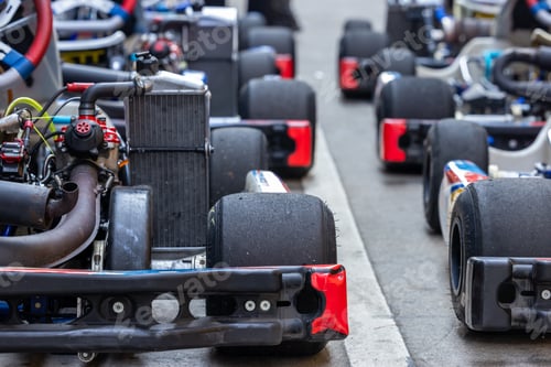 Preview: Race go kart car in row on the pit lane, Racing kart wait for race, Go kart.