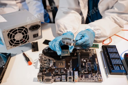 Preview: killed hands repairing electronic devices with precision. technology repair