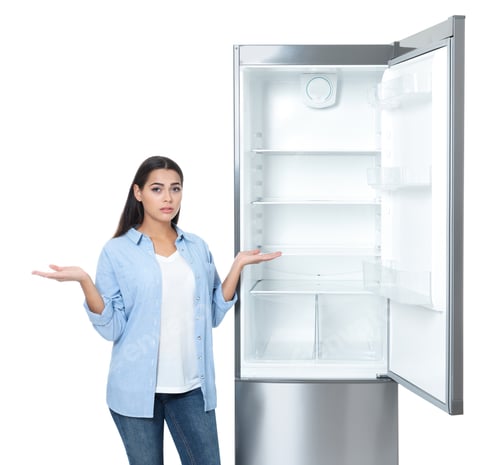 Preview: Emotional woman near empty refrigerator on white background