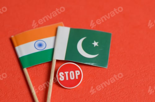 Preview: India and Pakistan Flags with Stop Sign Geopolitical Tension and Call to End Cross-Border Conflict