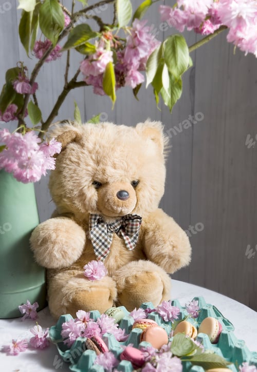 Preview: teddy bear sits on the table against the background of sakura and easter cookies