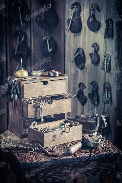 Preview: Aged locksmiths workshop with tools to repair