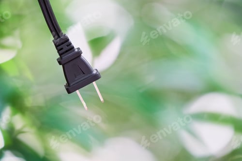 Preview: Electrical connection, representing green renewable energy, in the middle of the forest.