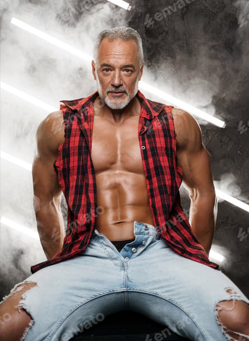 Preview: Masculine middle-aged male model with chiseled torso grey beard and bare chest