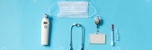 Preview: The set of a doctor for protection against coronavirus lying on a blue background