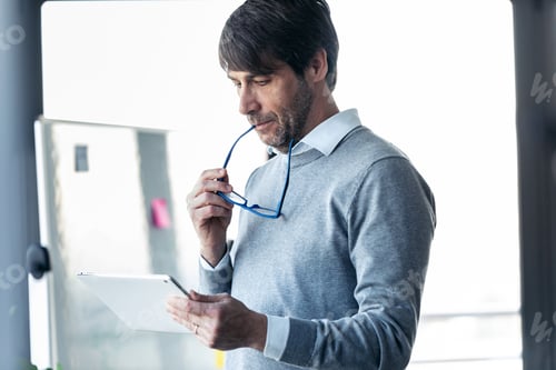 Preview: Elegant businessman working with digital tablet in the office.
