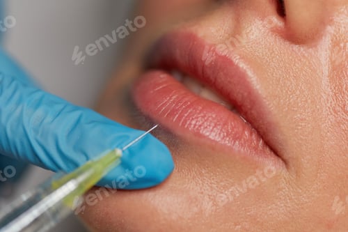 Preview: Closeup syringe with needle over female lips