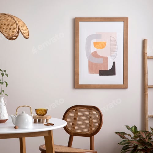 Preview: The stylish dining room with round table, rattan chair, wooden commode