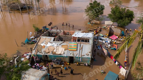 Preview: Aerial of the poor population of Africa living in old buildings during the flood