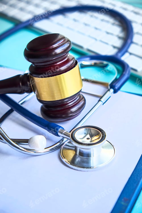 Preview: Gavel and stethoscope. medical jurisprudence. legal definition of medical malpractice. attorney