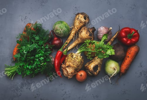 Preview: Autumn food background with vegetables, root crops: celery, radish, parsnips, carrots