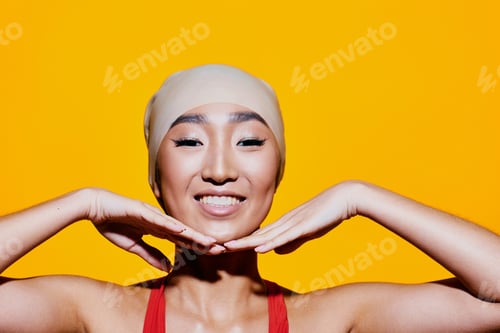 Preview: Hand woman smile red trendy beauty portrait fashion yellow joy surprised lifestyle