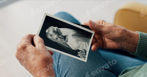 Preview: Photograph, hands and memory of a person on a home sofa for nostalgia, history and to remember. Sen