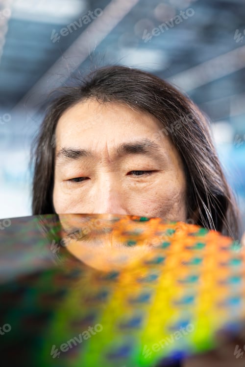 Preview: Close up of man looking at silicon wafer electronic component