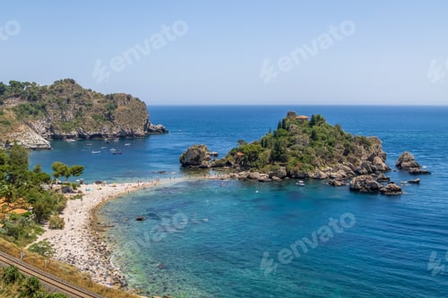Preview: Aerial view of Isola Bella island and beach - Taormina, Sicily, Italy