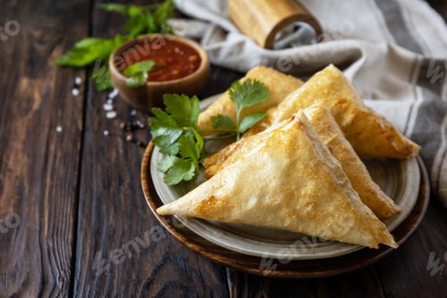 Preview: Asian food. Vegetarian samsa (samosas) with tomato sauce.