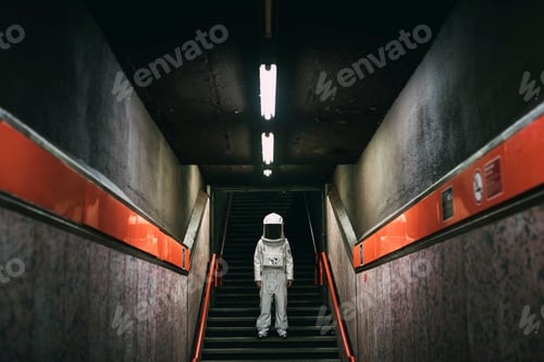 Preview: Astronaut on stairway in train platform