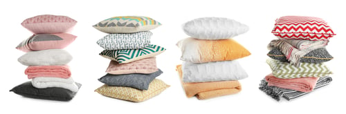 Preview: Set with different soft pillows on white background. Banner design