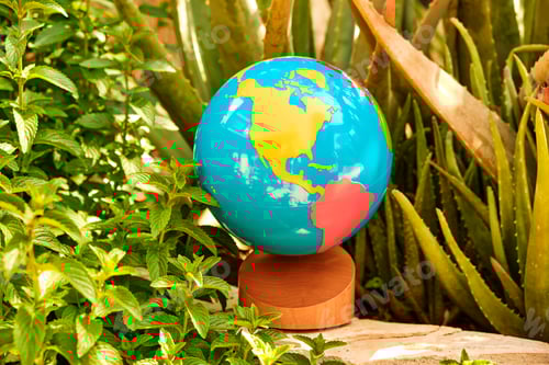 Preview: Educational colored globe of the world, among some plants in a garden.