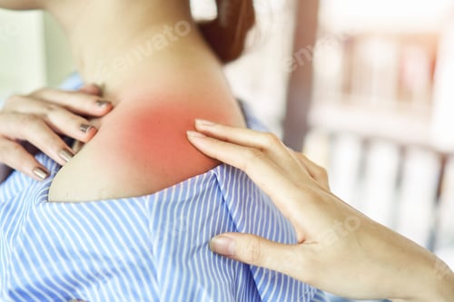 Preview: Asian girl in blue casual dress catch that shoulder, Because of the pain of hard work