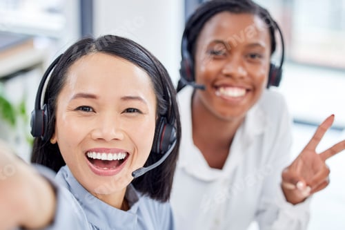 Preview: Call center woman, selfie and teamwork with friends, diversity and happiness in crm workplace. Cust