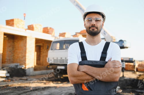 Preview: Portrait of a builder in the process of working on a construction site outdoors