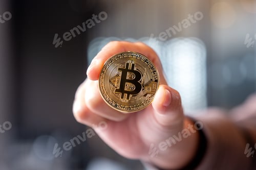 Vista previa: Imagen de primer plano de una mano que sostiene y muestra un bitcoin de color dorado