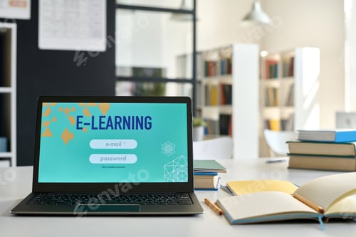 Preview: E-Learning on Laptop in Bright Modern Workspace