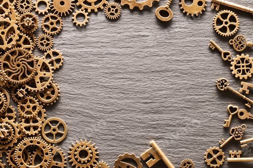 Preview: Various metal cogwheels, gear wheels and keys