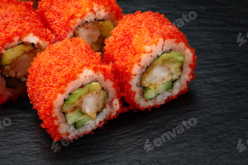 Preview: Sushi rolls california with snow crab, cream cheese, cucumber, sesame seeds and masago caviar on