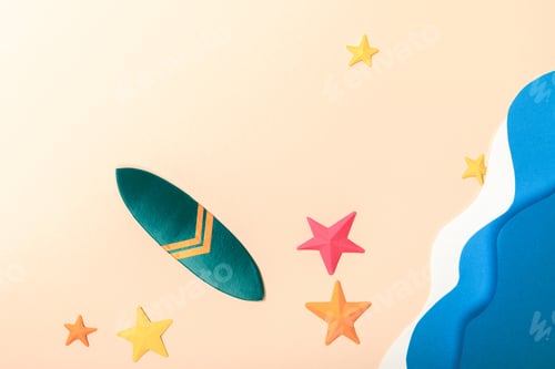 Preview: top view of paper beach with starfishes and surfboard on sand near sea